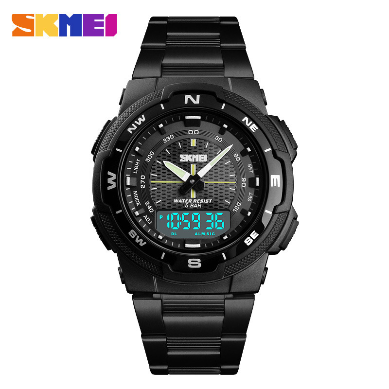 Time beauty/skmei dual display watch multi-functional dual time outdoor sports waterproof steel band men's electronic watch - Image 2