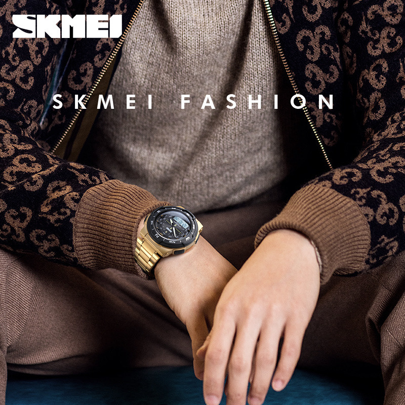 Time beauty/skmei dual display watch multi-functional dual time outdoor sports waterproof steel band men's electronic watch - Image 5