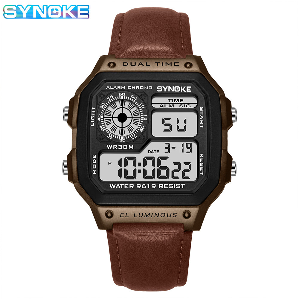 Factory Goods Synoke Retro Trendy Men's Sports Electronic Watch with Leather Strap Style, Waterproof, Multifunctional, Luminous, Square-Shaped - Image 2