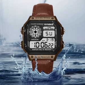 Factory Goods Synoke Retro Trendy Men's Sports Electronic Watch with Leather Strap Style, Waterproof, Multifunctional, Luminous, Square-Shaped