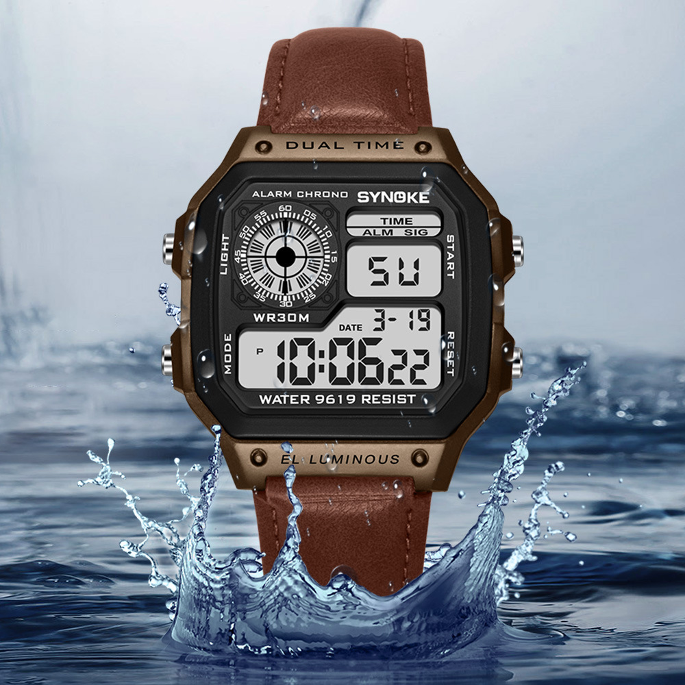 Factory Goods Synoke Retro Trendy Men's Sports Electronic Watch with Leather Strap Style, Waterproof, Multifunctional, Luminous, Square-Shaped