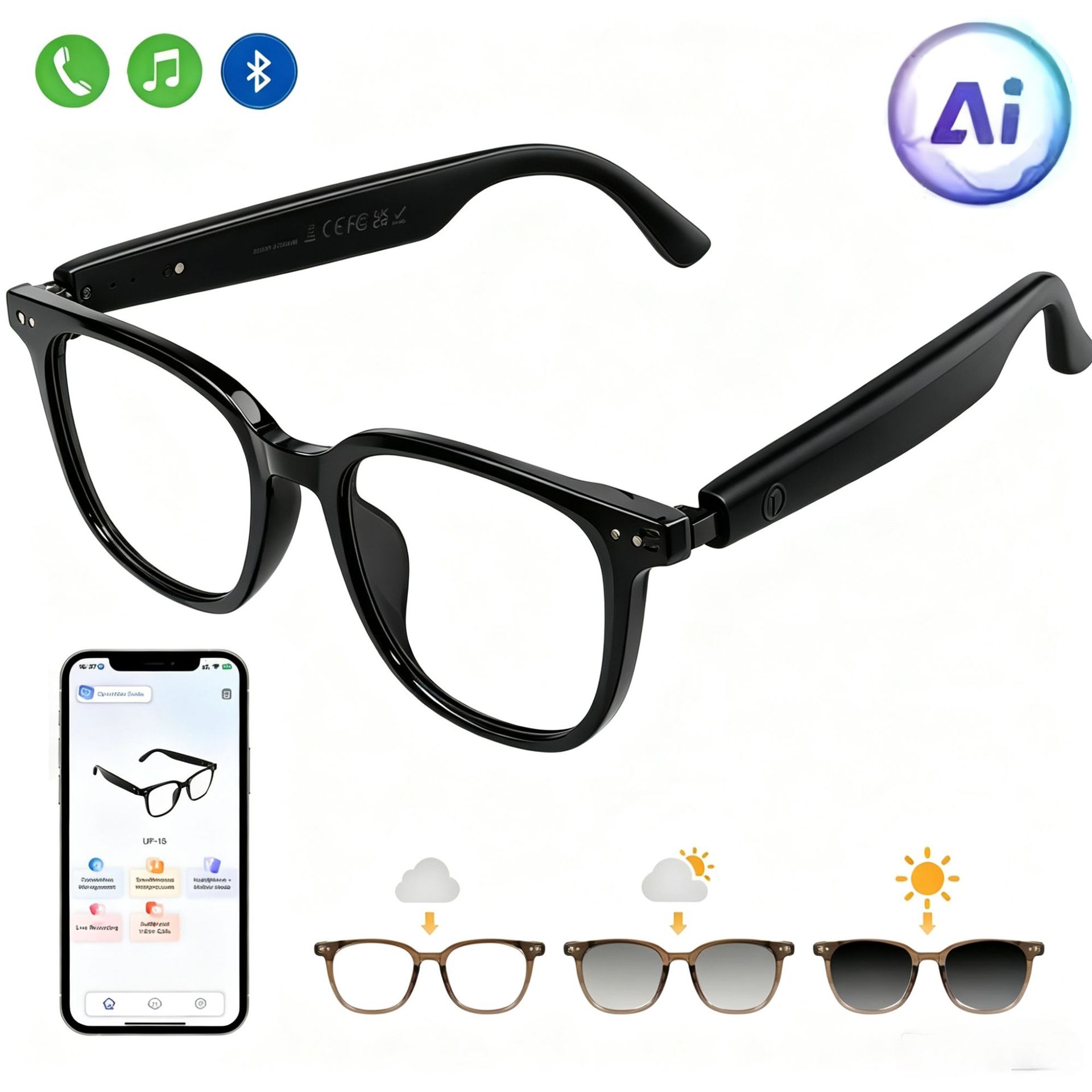 Ai Smart Glasses Gs07 Black Technology, Cross-Border Bestseller, Listen to Music and Make Calls, Smart Photochromic Lenses, Direct Supply from the Factory