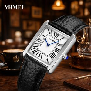 Yhmei Square Quartz Watch for Women, Retro Roman Numerals, Leather Strap, Casual Waterproof Ladies Watch