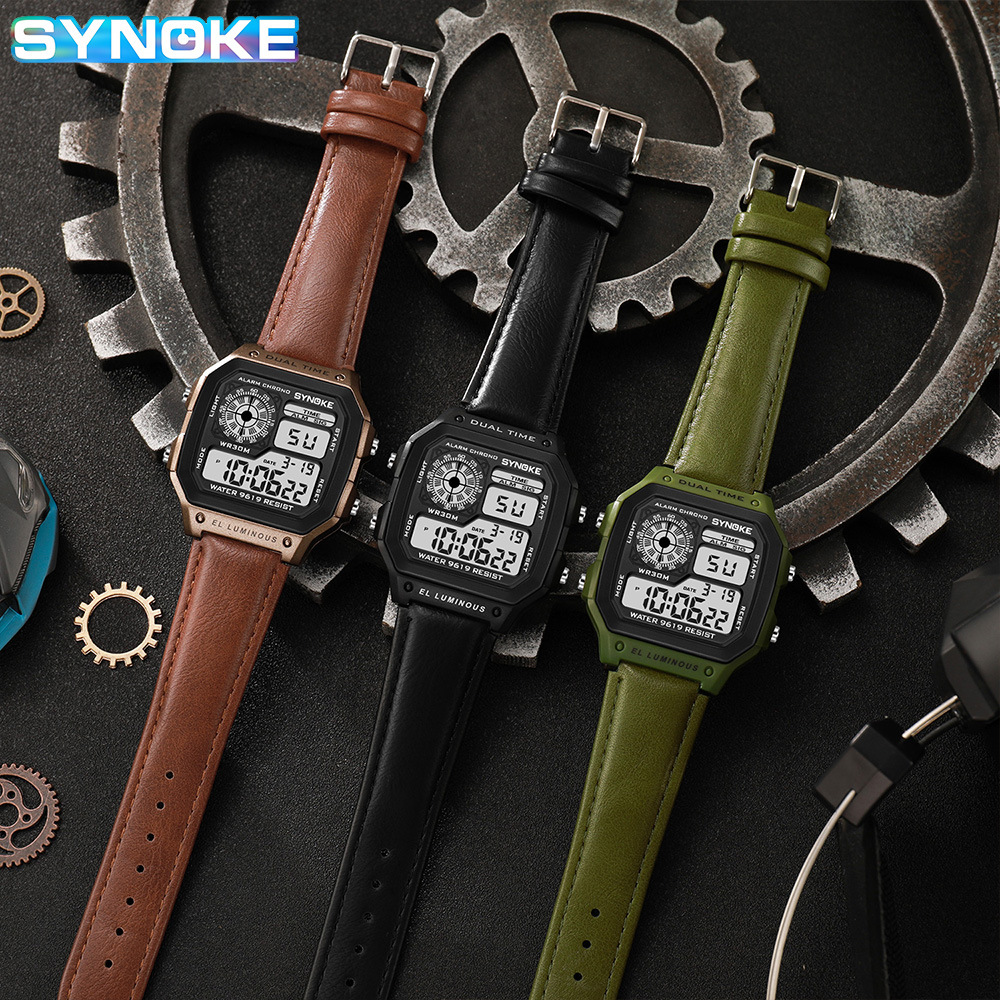 Factory Goods Synoke Retro Trendy Men's Sports Electronic Watch with Leather Strap Style, Waterproof, Multifunctional, Luminous, Square-Shaped - Image 4