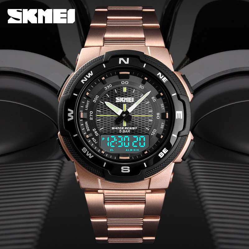 Time beauty/skmei dual display watch multi-functional dual time outdoor sports waterproof steel band men's electronic watch - Image 4