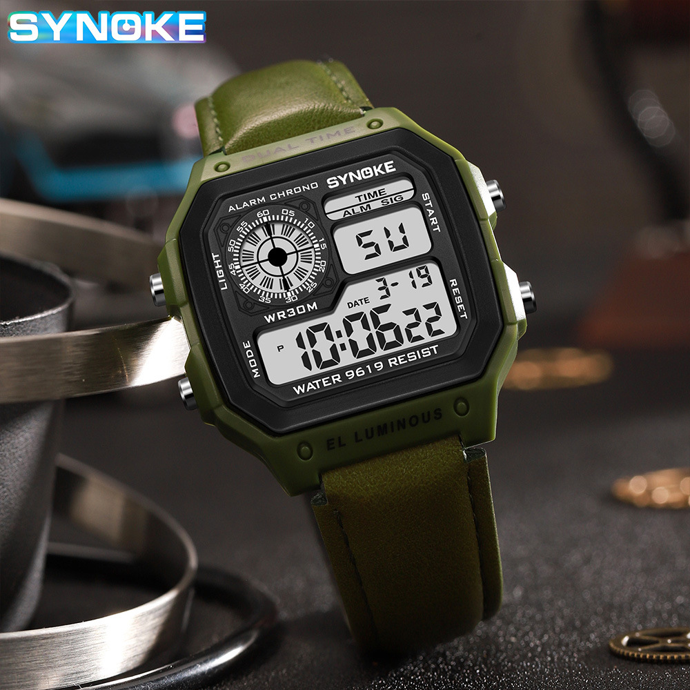 Factory Goods Synoke Retro Trendy Men's Sports Electronic Watch with Leather Strap Style, Waterproof, Multifunctional, Luminous, Square-Shaped - Image 3