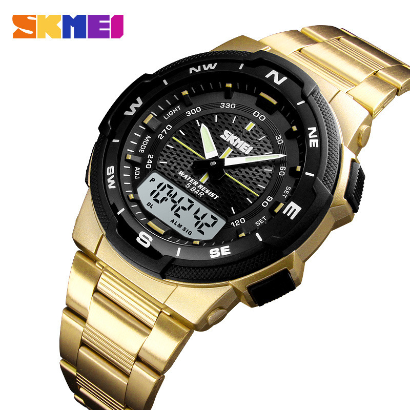 Time beauty/skmei dual display watch multi-functional dual time outdoor sports waterproof steel band men's electronic watch - Image 3