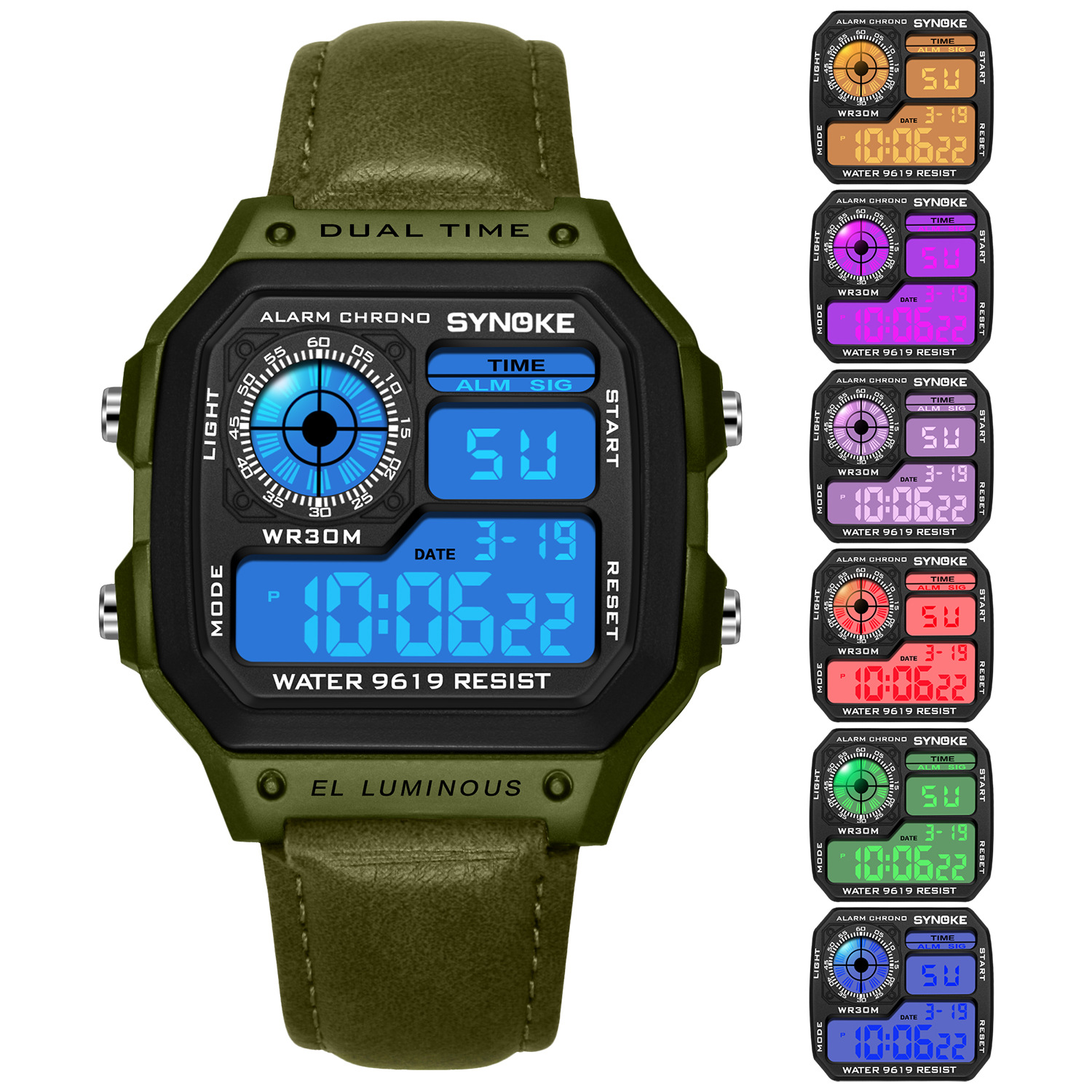 Factory Goods Synoke Retro Trendy Men's Sports Electronic Watch with Leather Strap Style, Waterproof, Multifunctional, Luminous, Square-Shaped - Image 5